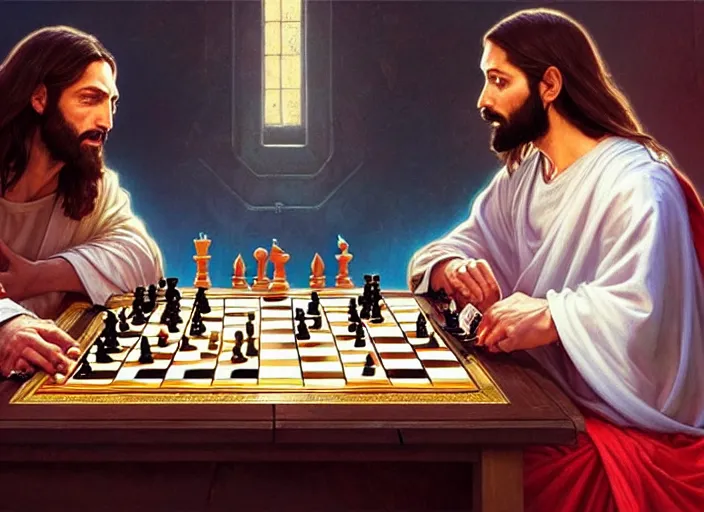 Prompt: highly detailed painting of Jesus playing chess with Lucifer, 4k highly detailed, digital painting, artstation, concept art, matte, sharp focus, illustration, art by Artgerm and Greg Rutkowski and Alphonse Mucha, masterpiece, vivid vibrant deep colors