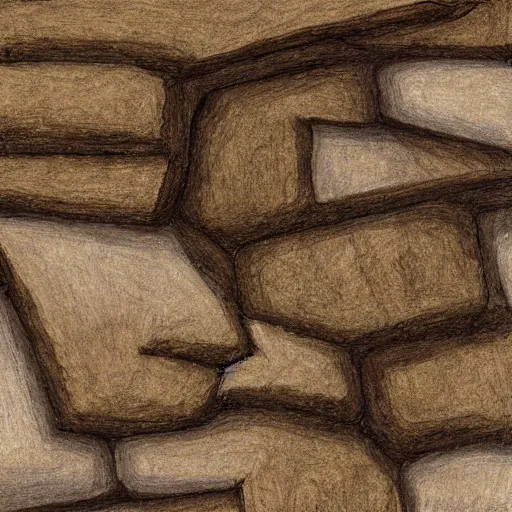 Prompt: masterpiece abstract intricate painting of detailed highly layered angled rocky field along a landscape surface of rectangular shapes. thin pencil rough sketch lines slanting down provide a sense of movement. quarter view angles. beautiful use of light to create a sense of a stony surface. using architectural techniques with an engineering quality and a rich earthy color palette, providing a mathematical feel.