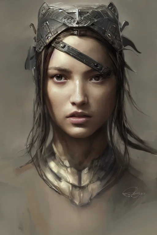 Image similar to a photorealistic painting of an attractive young girl, partially clothed in battle armor, olive skin, long dark hair, beautiful bone structure, symmetrical facial features, perfect eyes, intricate, elegant, digital painting, concept art, illustration, sharp focus, minimal artifacts, from Metal Gear, in the style of Ruan Jia and Mandy Jurgens, by Greg Rutkowski, trending on Artstation, award winning