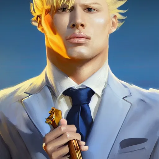 Image similar to artgerm portrait painting of a blond man in a blue suit with a sword and a pistol, asymmetrical, profile picture, organic painting, sunny day, matte painting, bold shapes, hard edges, street art, trending on artstation, by huang guangjian, gil elvgren, ruan jia, randy vargas, greg rutkowski