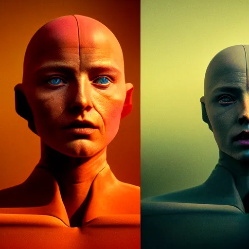 Prompt: colour aesthetic highly detailed photography portrait, characters with hyperrealistic highly detailed faces. from dune ( 2 0 2 1 ) by alejandro hodorovski and denis villeneuve and gregory crewdson style with many details by mike winkelmann and vincent di fate in sci - fi style. volumetric natural light hyperrealism photo on red dsmc 3 system