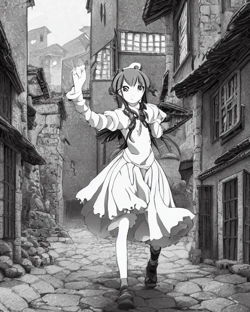 Prompt: key anime visual portrait of a young female walking through a medieval village, dynamic pose, dynamic perspective, detailed silhouette, film grain, face by yoh yoshinari, detailed, intricate