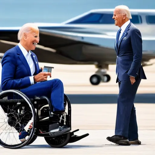 Image similar to still image of joe biden sitting in a turbo boosted wheelchair with a jet engine, 8 k photo