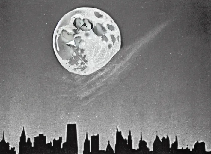 Prompt: vintage photo still of the moon!!!! exploding!!!! exploding moon moon explosion over new york city in the 1 9 2 0 s, black and white, weathered, edge vignette