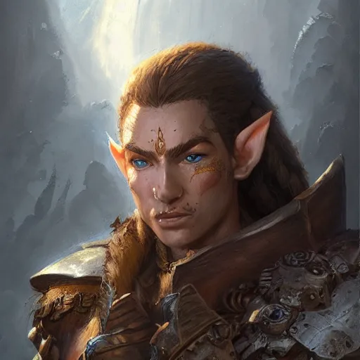 Prompt: a detailed portrait of an elf warrior dressed with a rugged armor, by justin gerard and greg rutkowski, digital art, realistic painting, dnd, character design, trending on artstation