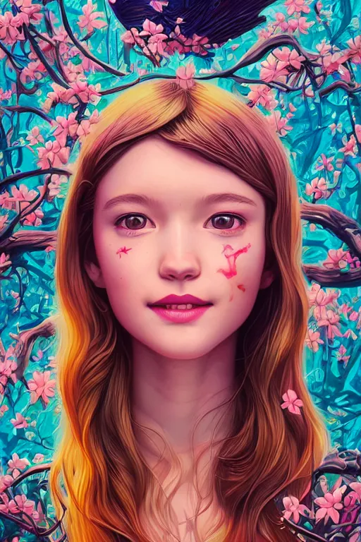 Prompt: a beautiful young girl smiling, Tristan Eaton, victo ngai, artgerm, RHADS, ross draws