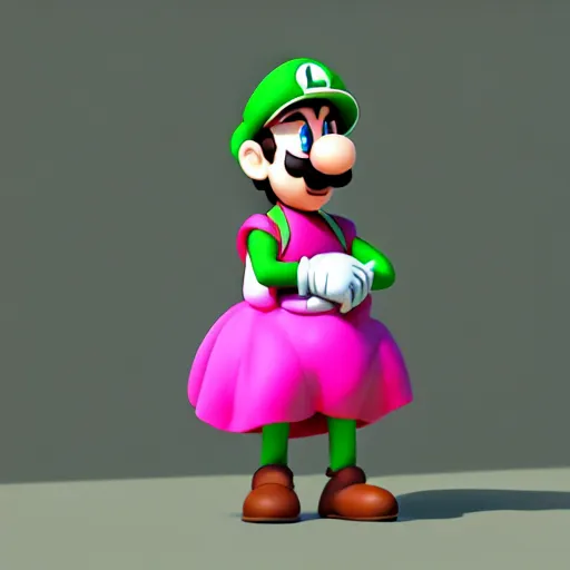 Image similar to luigi from super mario wearing a pink dress, studio ghibli, pixar and disney animation, sharp, rendered in unreal engine 5, highly detailed, digital painting, artstation, concept art, smooth, sharp focus, illustration, wide angle, artbook, splash art, dramatic lighting, art by artgerm and greg rutkowski and bo chen and jin xiaodi