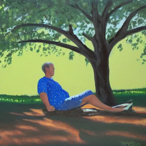 Prompt: painting of a peaceful man relaxing under a tree by David Normal, David Normal, acrylic art, calm, soothing, cosy, elegant, soft light,