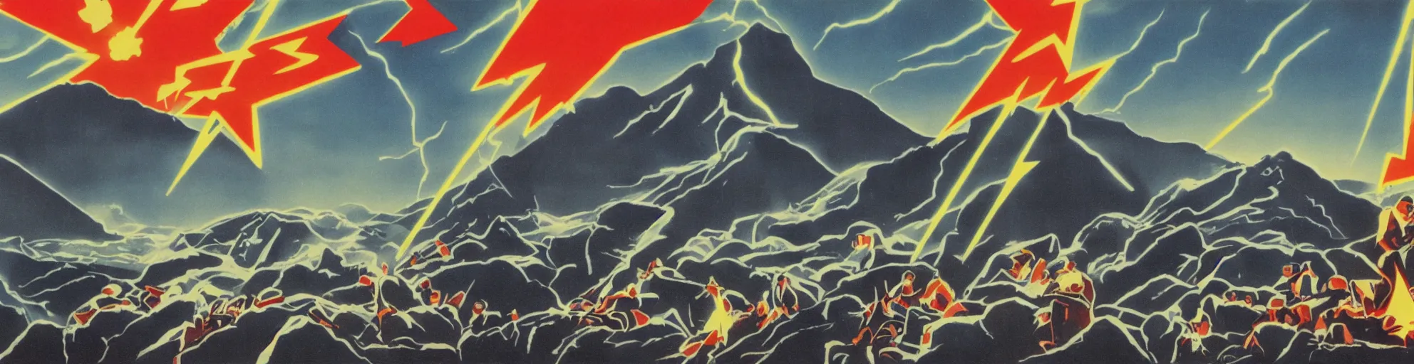 Prompt: solar montain with lightning bolts in 1940s propaganda poster