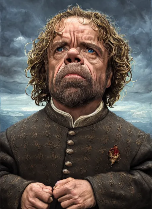 Image similar to portrait of warwick davis as tyrion lannister, by anne stokes and larry elmore, lucian freud and drew struzan, detailed matte painting, realistic portrait, symmetrical, highly detailed, digital painting, artstation, concept art, smooth, sharp focus, illustration, cinematic lighting, 8 k resolution