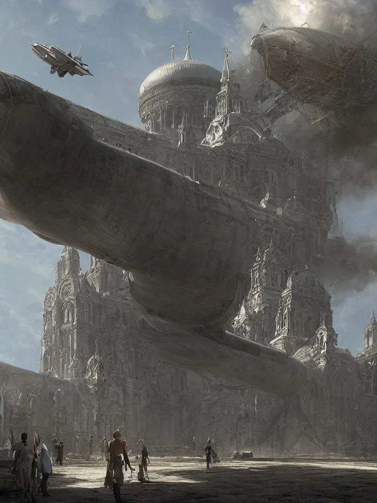 Image similar to a large dieselpunk airship is standing in the air over a splendid white church in russia, full morning sun, matte painting by greg rutkowski, craig mullins, levitan, rozalski