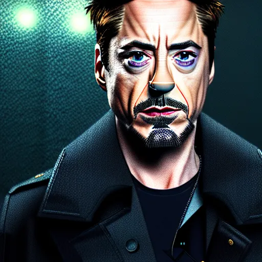 Image similar to photorealistic, hyperdetailed portrait of robert downey junior, night, city, rain, dense fog, hd, 8 k resolution