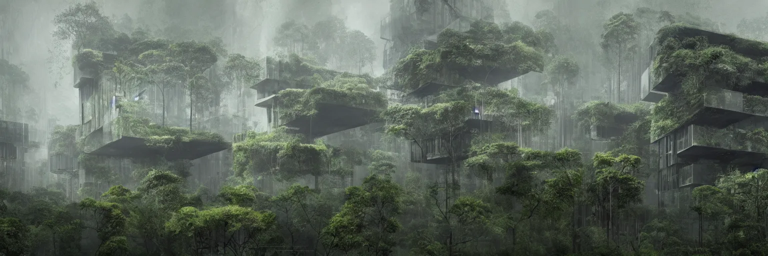 Image similar to brutalist architecture inspired by louis kahn deep in the rainforest. nature is taking over. matte painting. concept art. color scheme dark green and dark yellow. mist. cinematic.