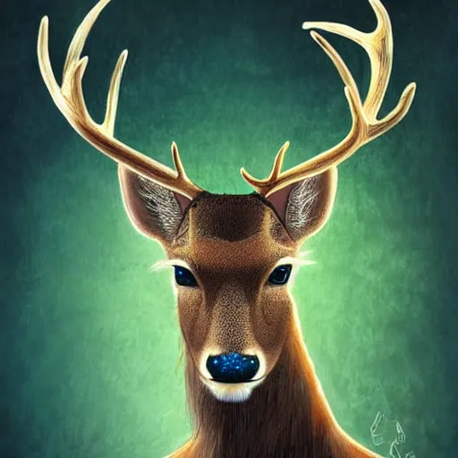 Prompt: portrait of a deer with magic forest antlers, fantasy, digital illustration, trending high quality