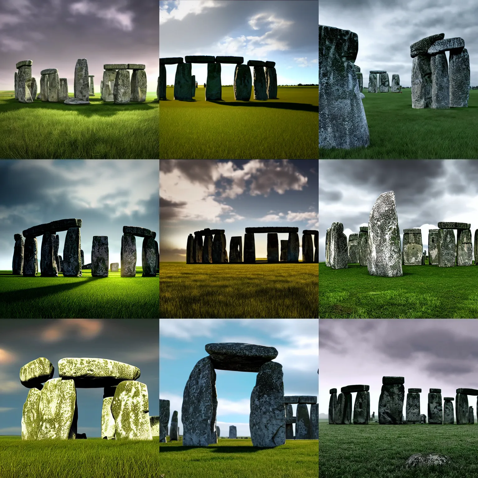 Prompt: Stonehenge gets bored, stands up, and walks away, cloudy day, green grass, realistic digital art, unreal engine, soft lighting, ray tracing