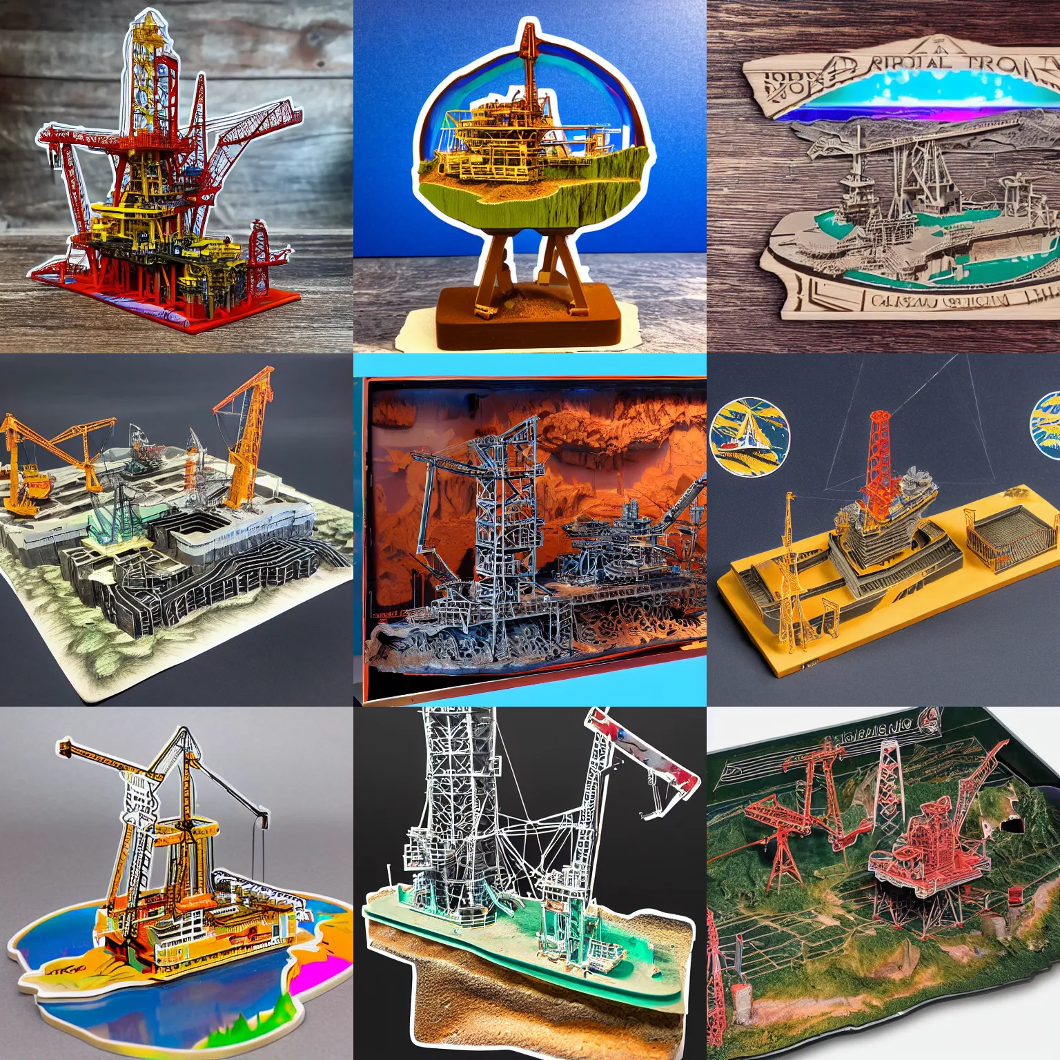 Prompt: a carved diorama of a oil rig, irisdicense, ortografico, sticker set, holographic calco, zoom out