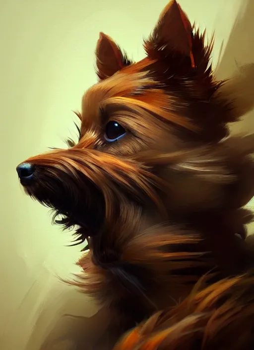 Image similar to norwich terrier as an kung fu master, backround dark, highly detailed, digital illustration, trending in artstation, modern painting, smooth, sharp focus, intricate, by peter mohrbacher