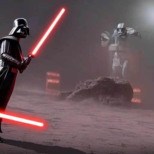 Image similar to darth vader wielding his light saber against robocop who is pointing a gun at him, against a barren landscape at sunset, warm, fine detail, epic composition, unreal engine.