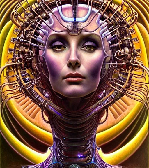 Prompt: detailed realistic beautiful young cher alien robot as queen of biopunk. portrait, art nouveau, symbolist, visionary, baroque, giant fractal details. horizontal symmetry by zdzisław beksinski, iris van herpen, raymond swanland and alphonse mucha. highly detailed, hyper - real, beautiful