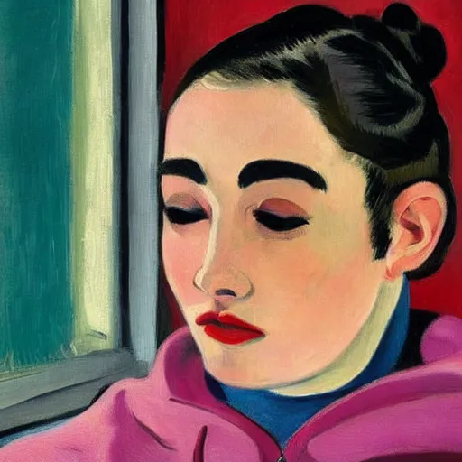 Prompt: early morning. a young woman wearing a cozy hoodie, with double buns hairstyle is texting on her smartphone. sunlight is entering through the window and beautifully lighting the face. depth of field, backlit, closeup, oil on canvas, art by henri matisse 1 9 4 4, in the style of dance by henri marisse, 1 9 1 0, smooth, fauvism, 2 k