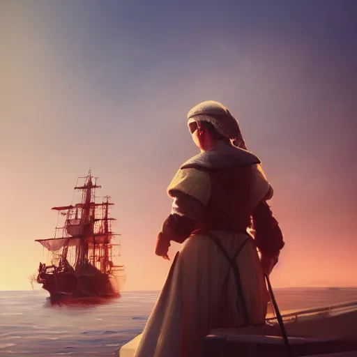 Prompt: portrait of a ship on the sea with a medieval woman ship pilot from behind, sunset, cinematic lighting, highly detailed, artstation