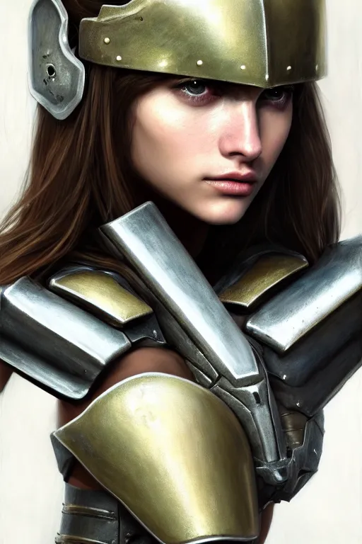 Image similar to a photorealistic painted portrait of an attractive young girl, partially clothed in dull metal-plated battle armor, olive skin, long dark hair, beautiful bone structure, symmetric facial features, perfect eyes, natural physique, intricate, elegant, digital painting, concept art, finely detailed, beautifully illustrated, sharp focus, minimal artifacts, photographic quality, from Metal Gear, by Ruan Jia and Mandy Jurgens and Artgerm and William-Adolphe Bouguerea, in the style of Greg Rutkowski, trending on Artstation, award winning