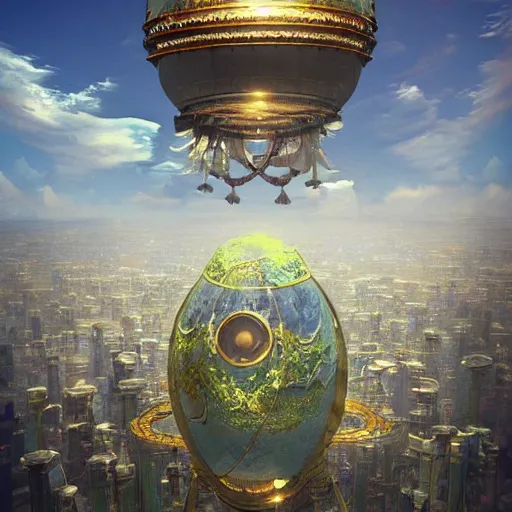 Image similar to enormous flying city!!! in a gigantic faberge egg, sky!!, steampunk, floating islands, fantasy art, unreal engine,
