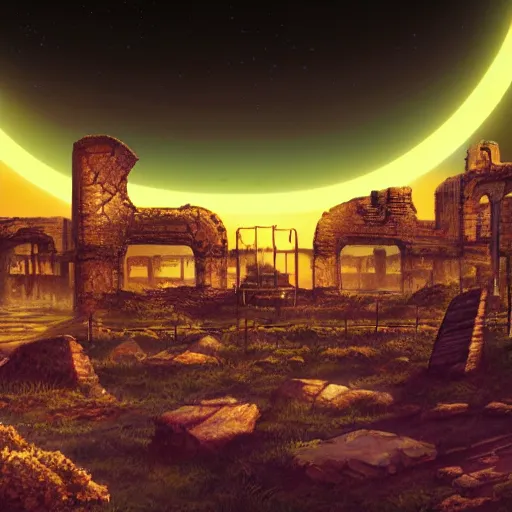 Image similar to ancient ruins in the moon, retrowave epic art, trending on art station