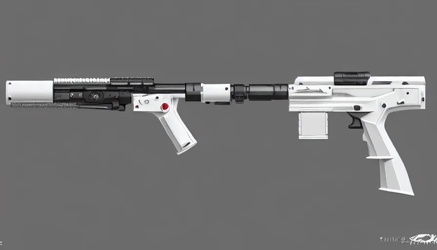 Image similar to extremely detailed ultra realistic photographic side view sci fi minimalist coilgun rifle, detailed trigger, chemically propelled, electric, smooth streamline, elegant sleek smooth body, white paint, battery and wires, railgun, chemrail, gauss, smooth utopian design, ultra high quality, octane, cod, destiny, warframe, terminator