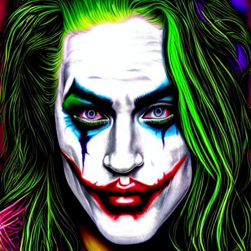 Image similar to an extremely psychedelic portrait of megan fox as the joker, surreal, lsd, face, detailed, intricate, elegant, lithe, highly detailed, digital oth, sharp focus, illustration,