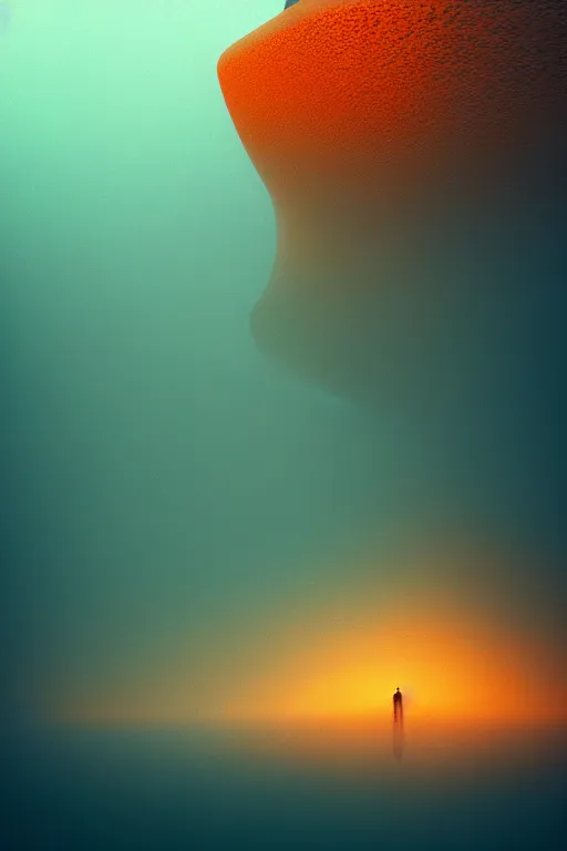 Image similar to an environment imagined by moebius, macro photography, long exposure photograph, surrealism, anamorphic bokeh, cozy, soft light, orange and teal, caustic, atmospheric fog, octane render, cinematic