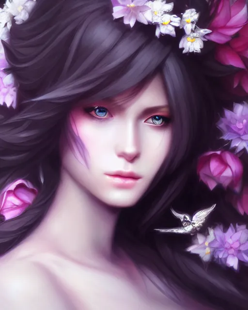 Image similar to dark angel surrounded by dark flowers and diamonds, very detailed, realistic face, detailed face, matte, tonemapping, bbwchan, perfection, 4 k, cushart krenz