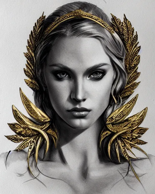 Prompt: tattoo design sketch of cute blonde super model as aphrodite greek goddess wearing a gold laurel wreath and triangle earrings, beautiful piercing gaze with sharp pupils, in the style of greg rutkowski, fantasy, amazing detail, epic, elegant, smooth, sharp focus, front view