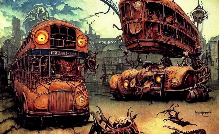 Image similar to cthulhu devouring a steampunk school bus. highly detailed science fiction painting by norman rockwell, frank frazetta, and syd mead. rich colors, high contrast, gloomy atmosphere, dark background. trending on artstation