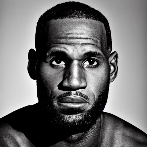 Prompt: a closeup portrait photo of Lebron james by Annie Leibovitz, black and white