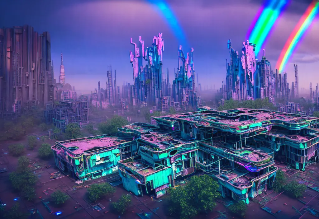 Prompt: A highly detailed crisp unreal engine render of aerial drone photo of A beautiful futuristic cyberpunk abandoned city building with neon, plants, perfect well made rainbow on the sky, sunlight breaking through clouds, debris on the ground, abandoned machines bright warm colors by wangchen-cg, 王琛,Neil blevins, artstation, Isometric japanese city, volumetrics, 3d render, octane render, Gediminas Pranckevicius