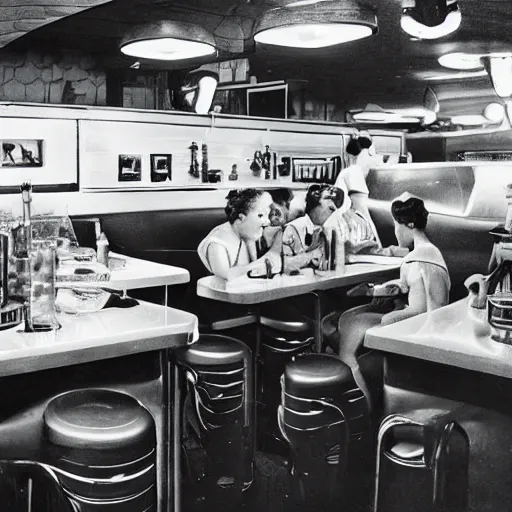 Prompt: detailed sharp photograph in the style of popular science circa 1 9 5 5 and gregory crewdson of a 1 9 5 0 s small town night inside a diner with ten teenage girls drinking milkshakes - w 1 0 2 4