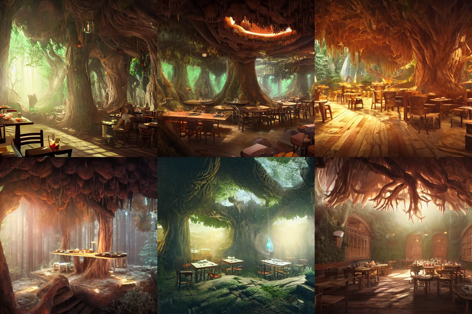 Image similar to interior of a restaurant carved out of a tree, kodak, fuji film, photoreal, 12k ursa, volumetric light, cinematic photograph concept art, intricate, artstation, studio ghibli, eddie mendoza, james chadderton