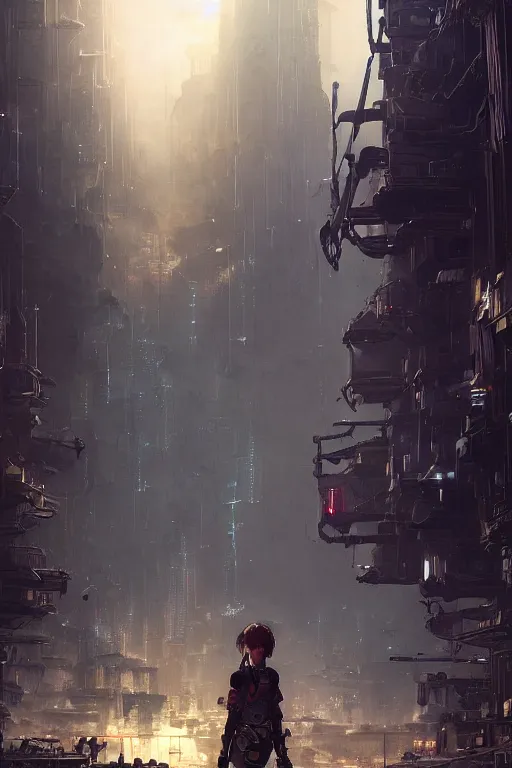 Image similar to a portrait of a small cyborg standing in the foreground of a mechanical city by Greg Rutkowski, Sung Choi, Mitchell Mohrhauser, Maciej Kuciara, Johnson Ting, Maxim Verehin, Peter Konig, final fantasy , mythical, 8k photorealistic, cinematic lighting, HD, high details, atmospheric,