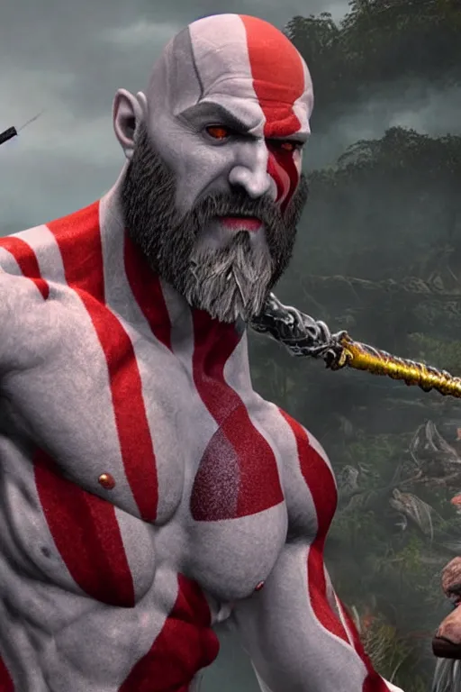 Image similar to TV news interviewing Kratos from god of war