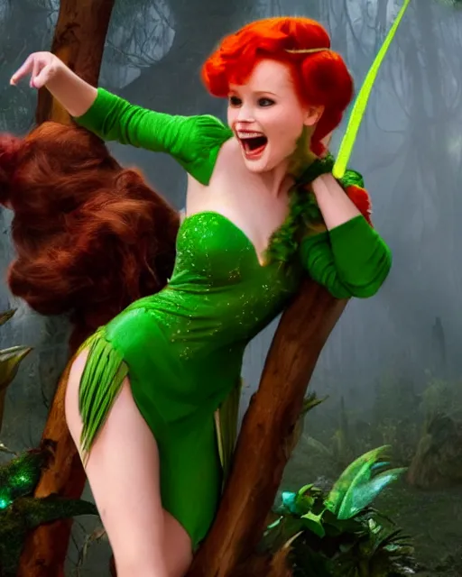 Image similar to Madelaine Petsch as Peter Pan and Will Ferrel dressed as Tinkerbell, cinematic, Trending on Artstation, in the style of Ridley Scott, Neverland, Magical, Ethereal