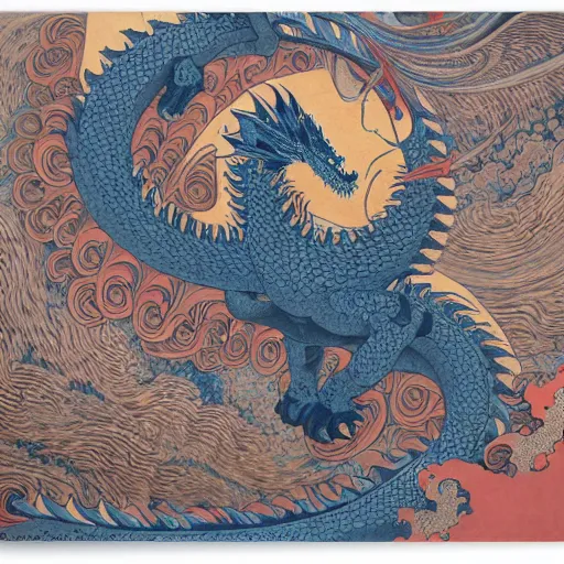 Image similar to a fractal dragon by hokusai, by james jean, by bosch