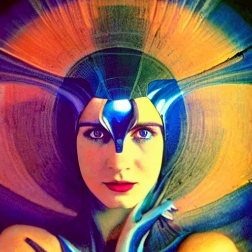 Image similar to extremely beautiful futuristic super schizophrenic psychedelic prismatic superhuman, lush detail, national geographic, steichen, herb ritts, roger deakins, anne leibovitz, alphonse mucha, art deco, sharp focus, ultra - realistic, hyperrealism, psychosis, beautiful psychotic radiant madwoman, super schizophrenic superhuman superhero, illuminated, volumetric light