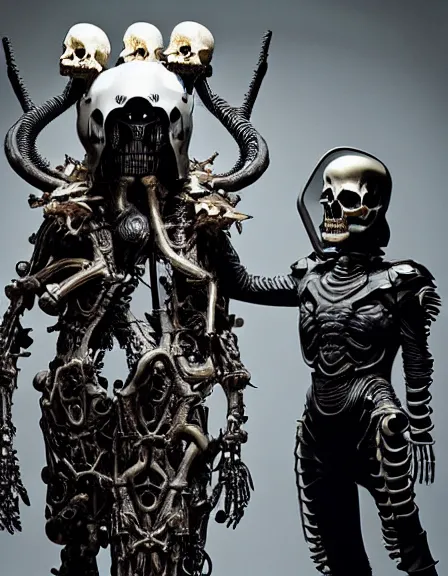 Image similar to still frame from Prometheus by Giger, lich king Dr doom in ornate bio cybernetic bone armour and skull mask helmet in bone chapel by Wayne Barlowe by peter Mohrbacher, dressed by Alexander McQueen and by Neri Oxman, metal couture hate couture editorial