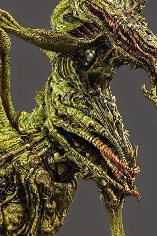 Image similar to hyper-maximalist overdetailed 3d sculpture of a biomechanical reptilian extraterrestrial monster by clogtwo and ben ridgway. 8k. Generative art. Fantastic realism. Scifi feel. Extremely Ornated. Intricate and omnious. Tools used: Blender Cinema4d Houdini3d zbrush. Unreal engine 5 Cinematic. Beautifully lit. No background. artstation. Deviantart. CGsociety. Inspired by beastwreckstuff and jimbo phillips. Cosmic horror infused retrofuturist style. Hyperdetailed high resolution Render by binx.ly in discodiffusion. Dreamlike polished render by machine.delusions. Sharp focus.