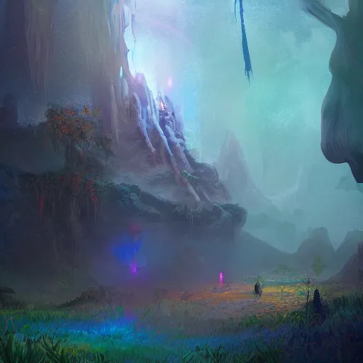 Image similar to landscape of Aloy in misty mysterious astral temple jumpin with pistol in river of chromatic SPIRITS , beautiful, dmt, trending on artstation, omnious, soft, artwork by Wong, Liam