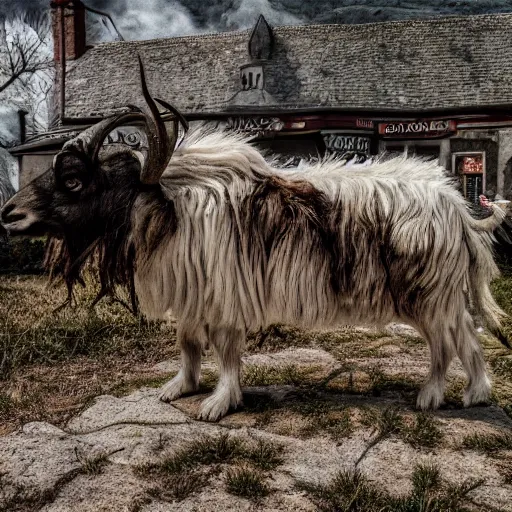 Image similar to horror photography, cinematic, daytime, wide shot, mutant goat monster with a mouth crammed full of sharp teeth, filthy matted fur and mountain goat horns, village square