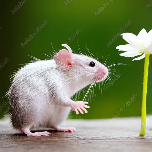 Image similar to photo realistic white rat holding a flower