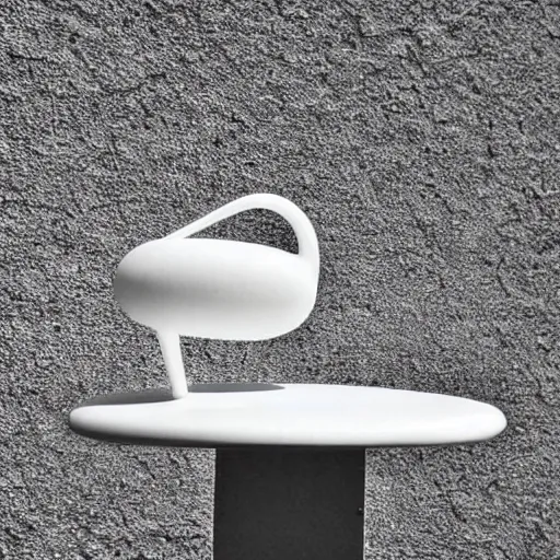 Prompt: a white object with writing on it sitting on a table, a surrealist sculpture by marcel duchamp, behance, conceptual art, artwork, academic art, surrealist