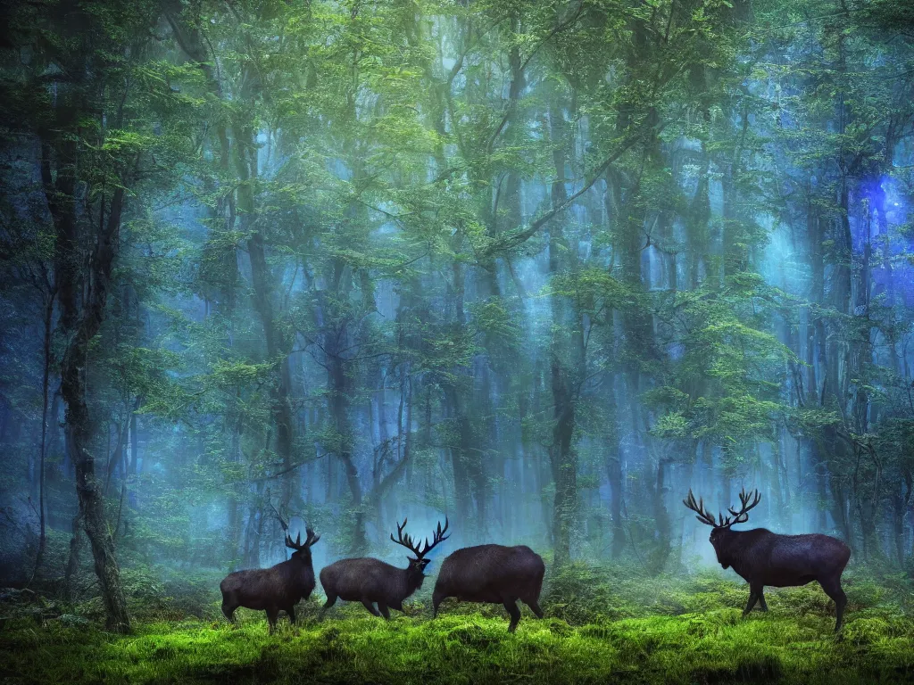 Prompt: a fantasy beautiful dense biorelevant rainforest setting, ultrawide angle, a large blue glowing elk herd with light illuminating from within, cinematic lighting, extremely emotional, extremely dramatic, surround it with pixie dust ether floating in the air, hdr, epic scale, cmyk, deep spectrum color